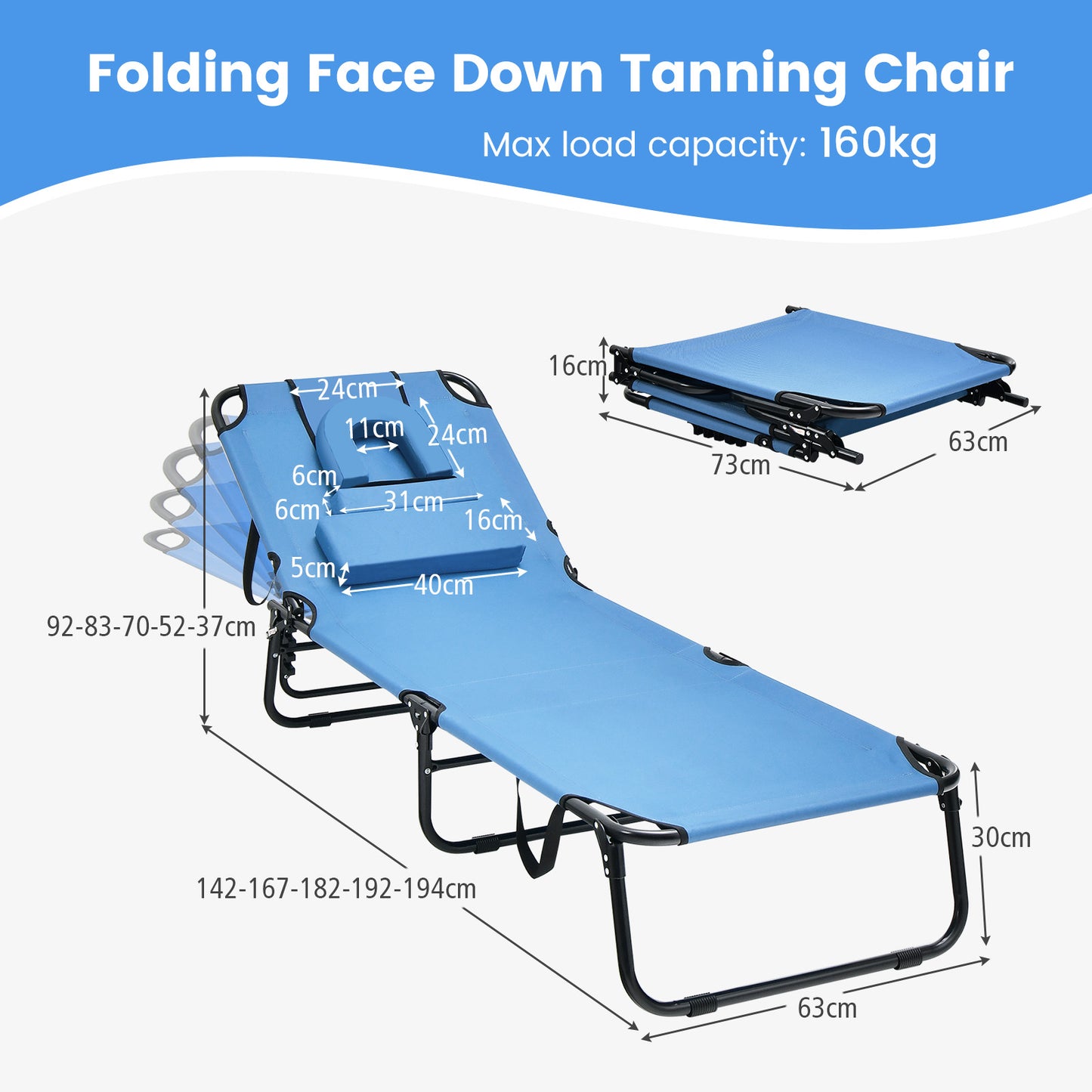 Folding Chaise Lounge Chair with Face Hole and Removable Pillows-Blue