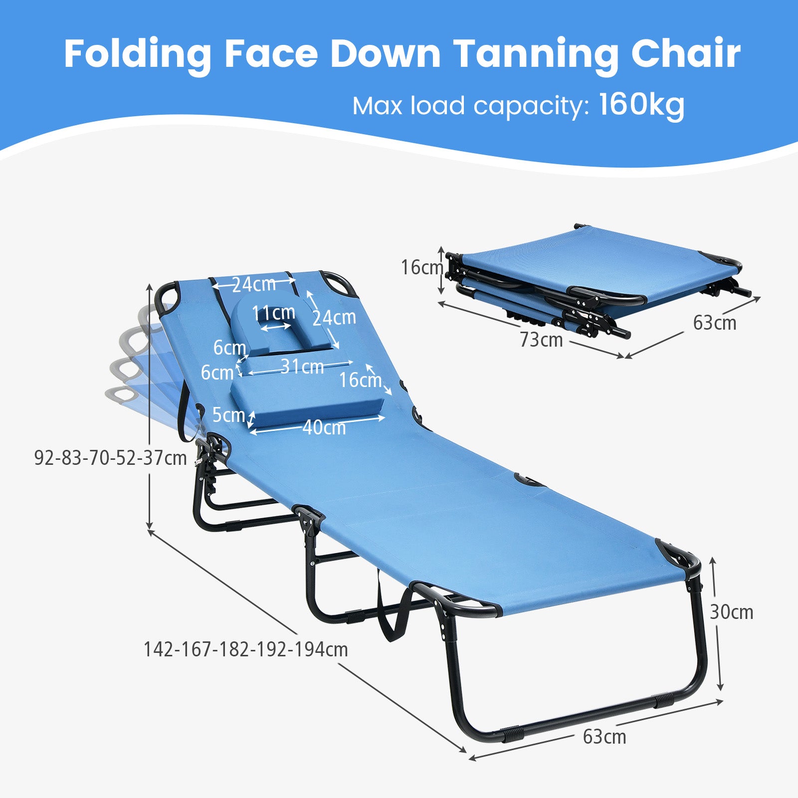 Folding Chaise Lounge Chair with Face Hole and Removable Pillows-Blue