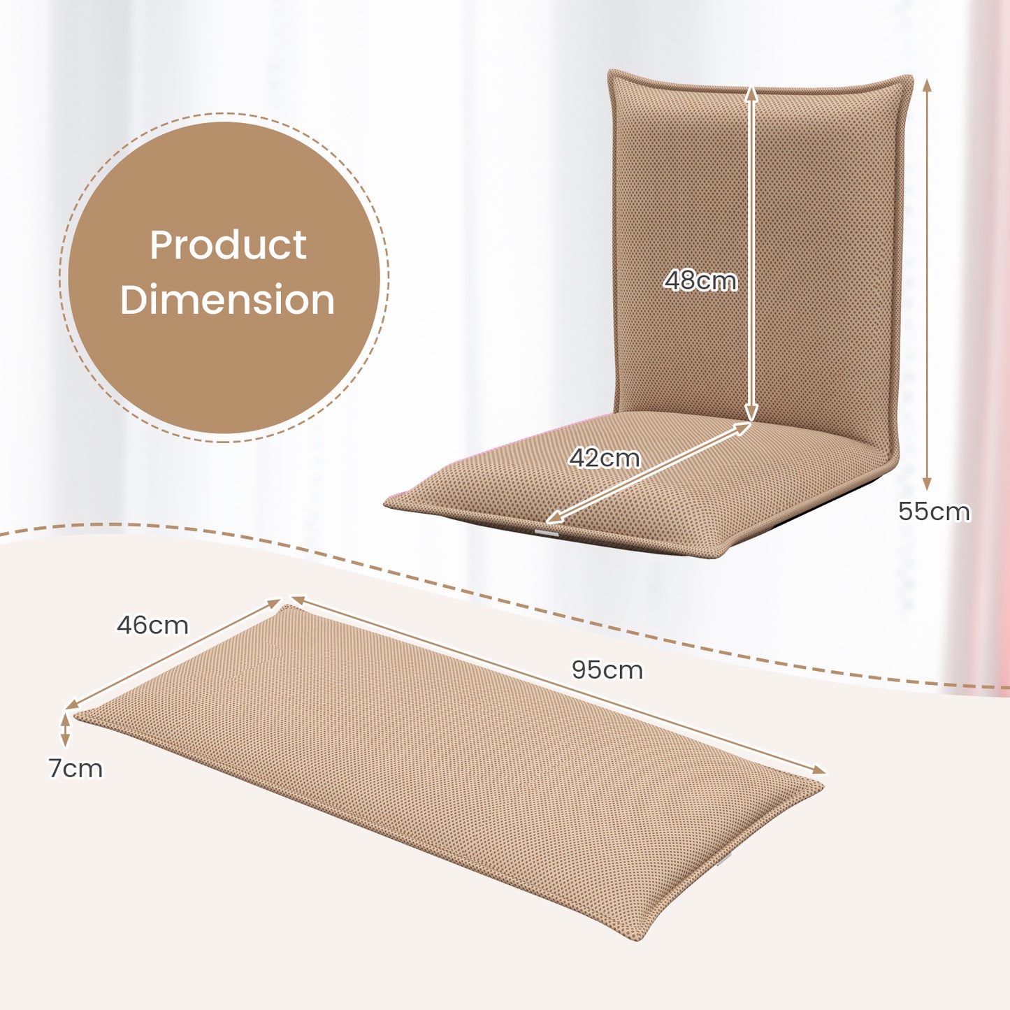 Folding Floor Chair with Reclining Function and 6 Adjustable Positions-Khaki