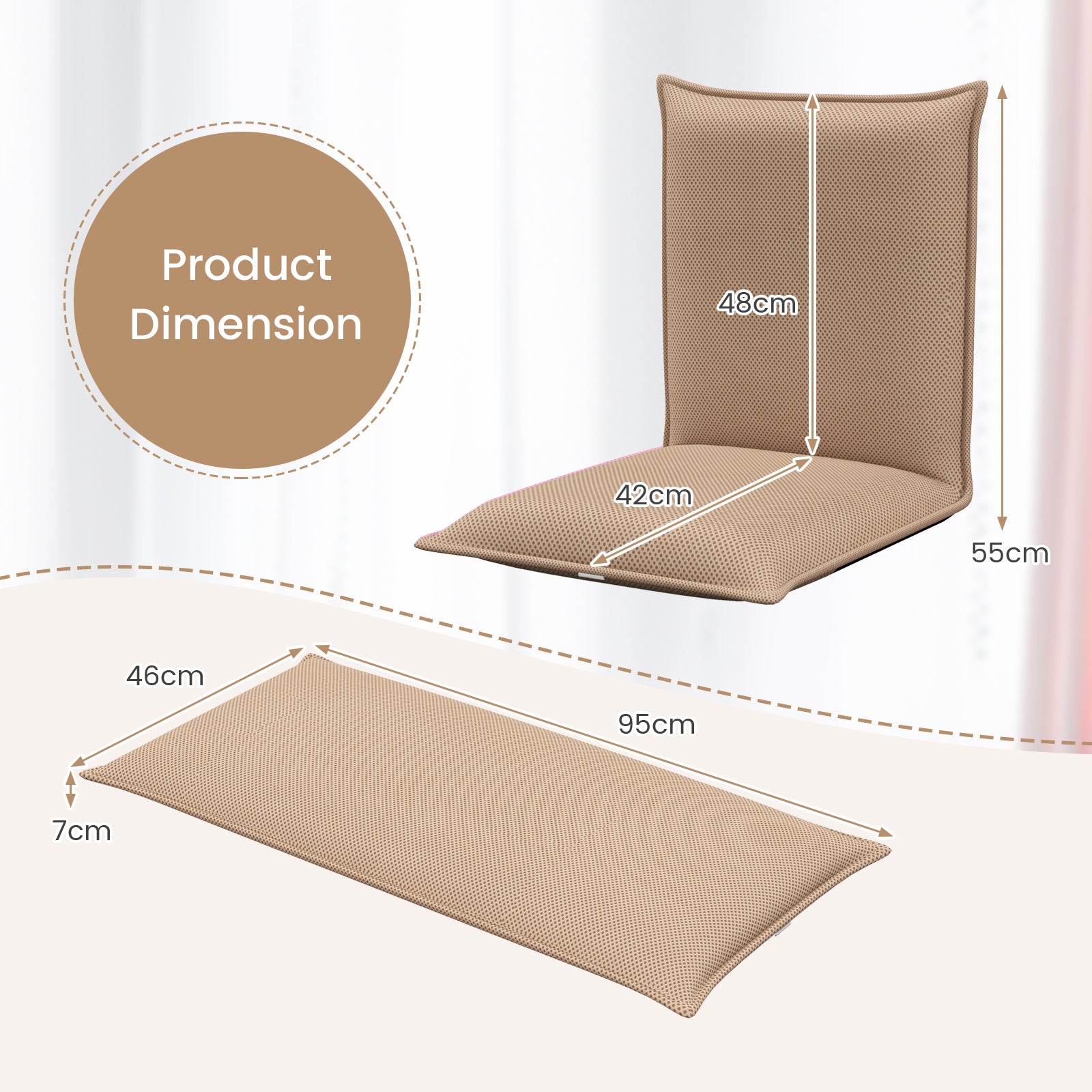 Folding Floor Chair with Reclining Function and 6 Adjustable Positions-Khaki