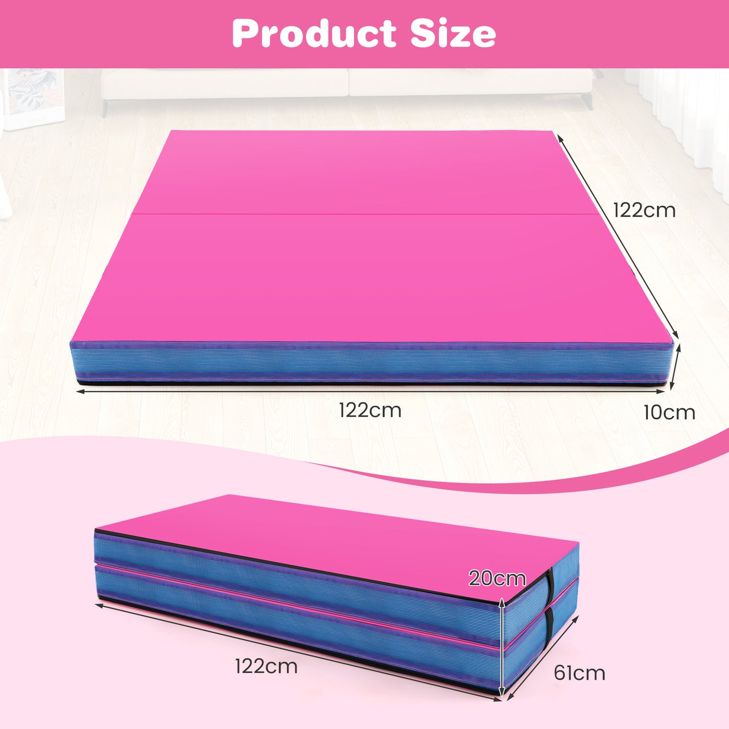 Folding Gymnastic Mat with PU Leather Cover and Carrying Handles-Pink