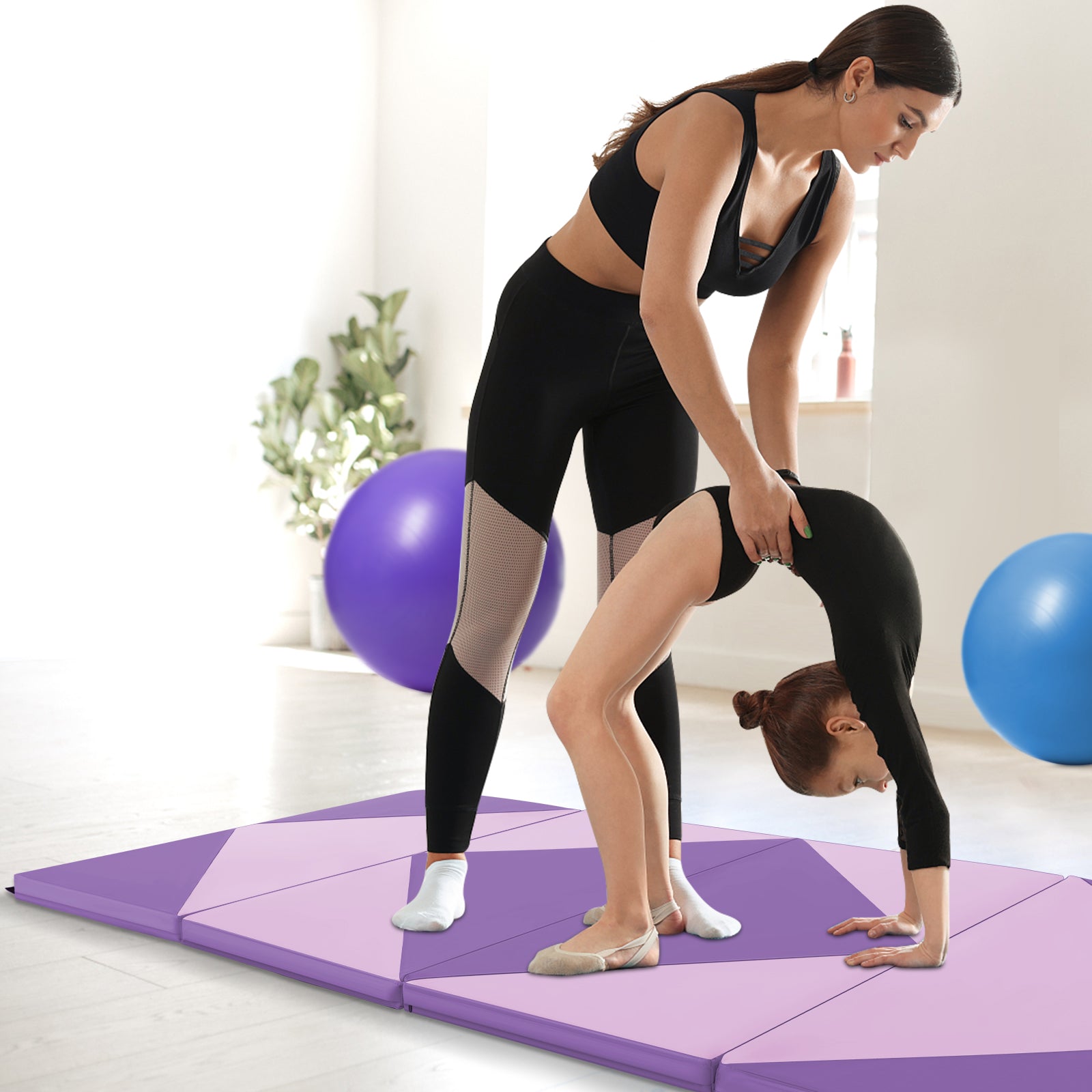 240cm PU Leather Folding Gymnastics Mat-Pink &amp; Purple