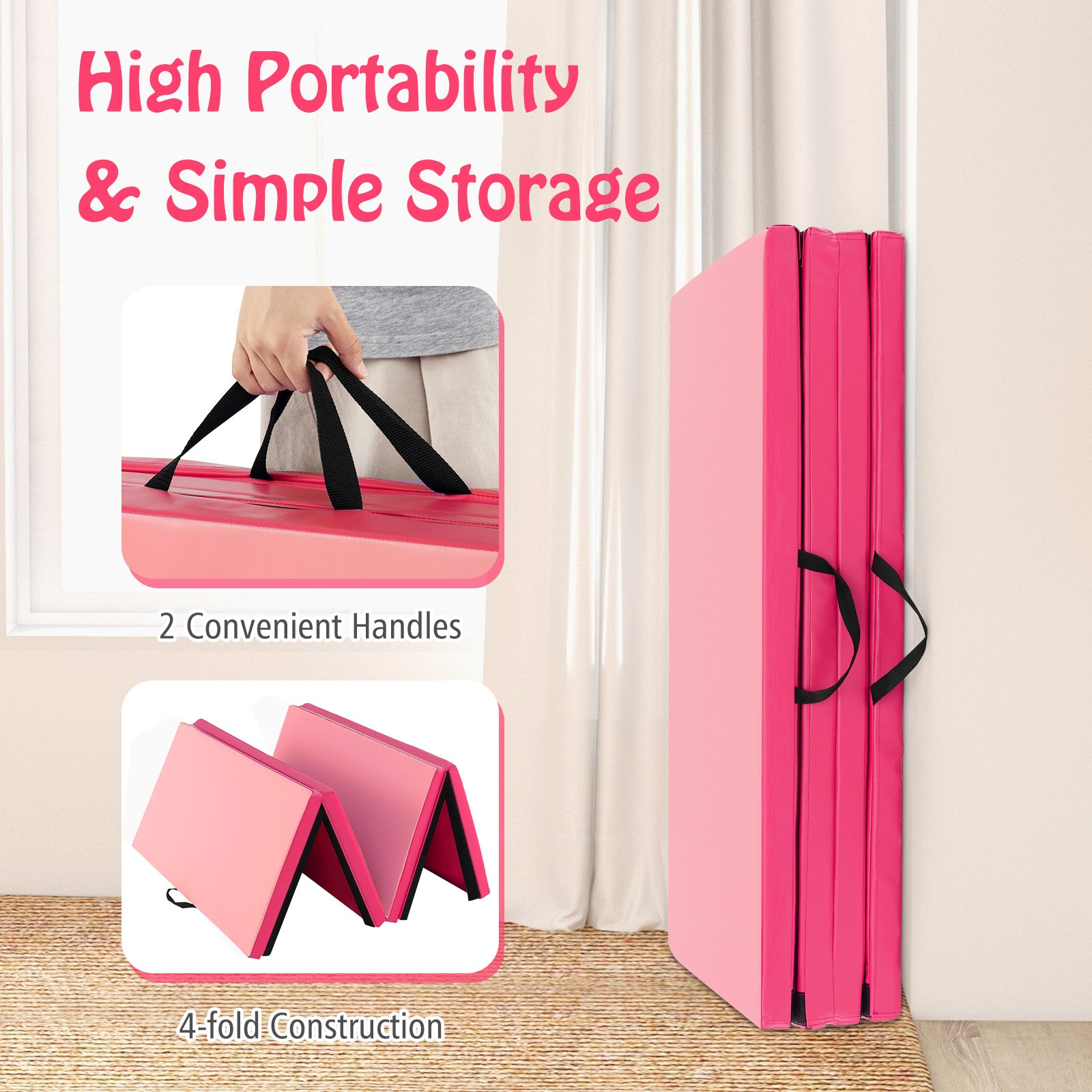 Folding Gymnastics Mat with Carry Handles Hook and Loop Fasteners-Red