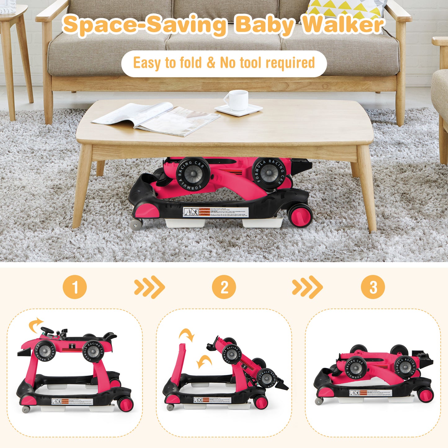 4-in-1 Baby Push Walker with Adjustable Height and Speed-Pink