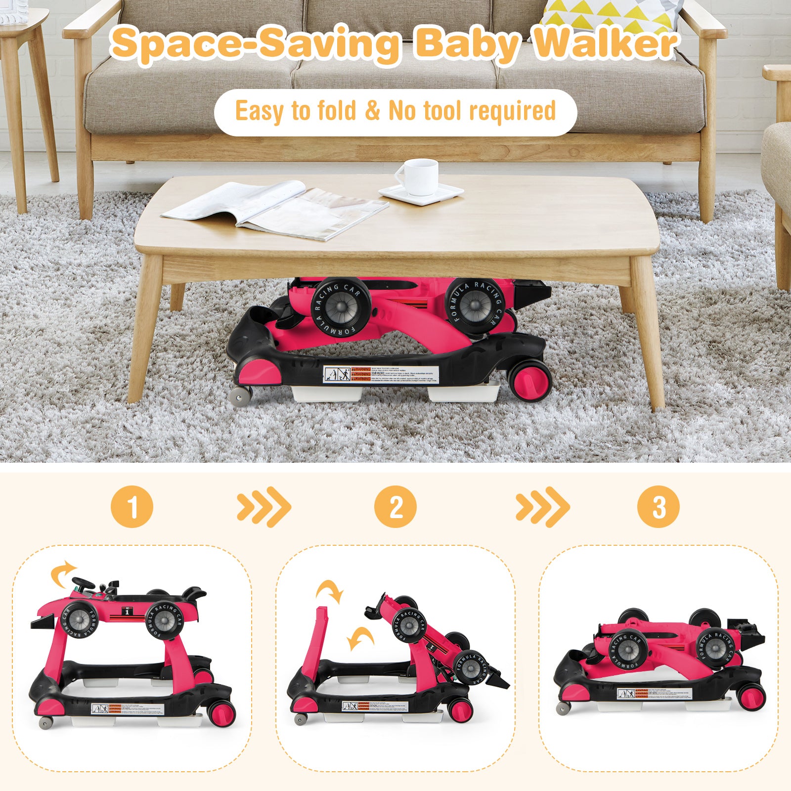 4-in-1 Baby Push Walker with Adjustable Height and Speed-Pink