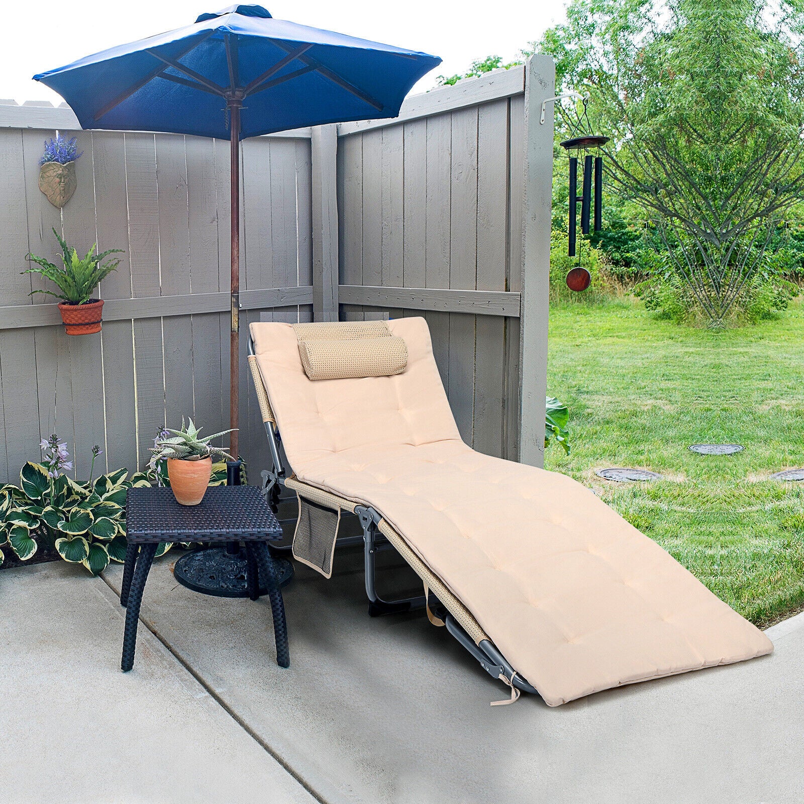Adjustable Sun Lounger with Soft Mattress and Removable Pillow-Beige