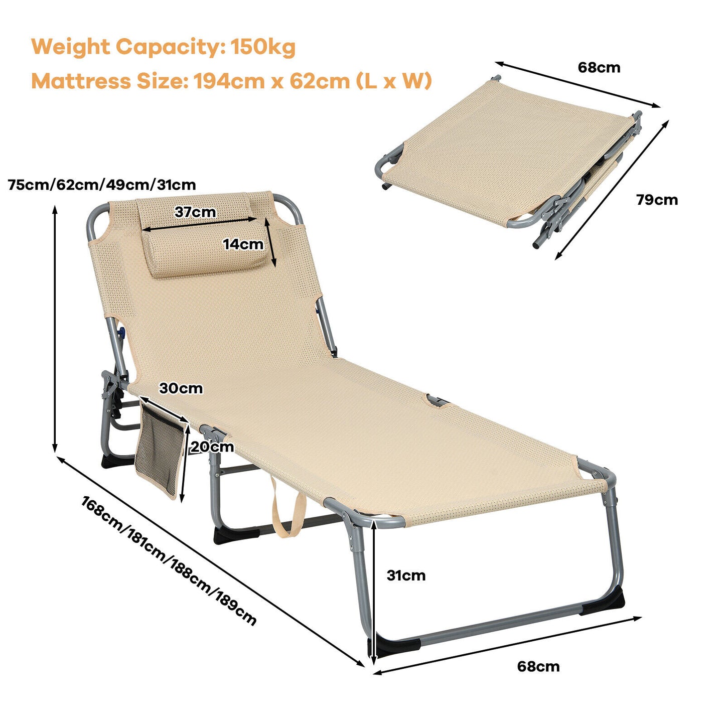 Adjustable Sun Lounger with Soft Mattress and Removable Pillow-Beige