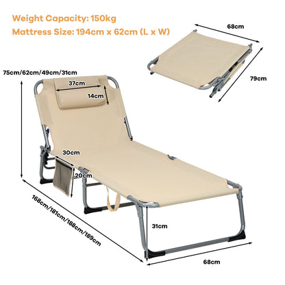 Adjustable Sun Lounger with Soft Mattress and Removable Pillow-Beige
