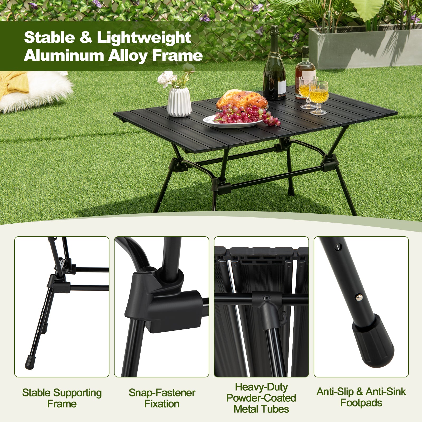 Heavy-Duty Aluminum Camping Table Folding Outdoor Picnic Table-Black
