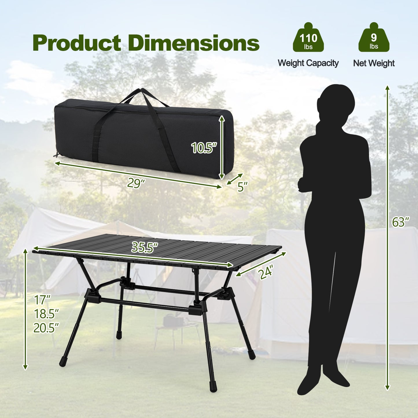 Heavy-Duty Aluminum Camping Table Folding Outdoor Picnic Table-Black