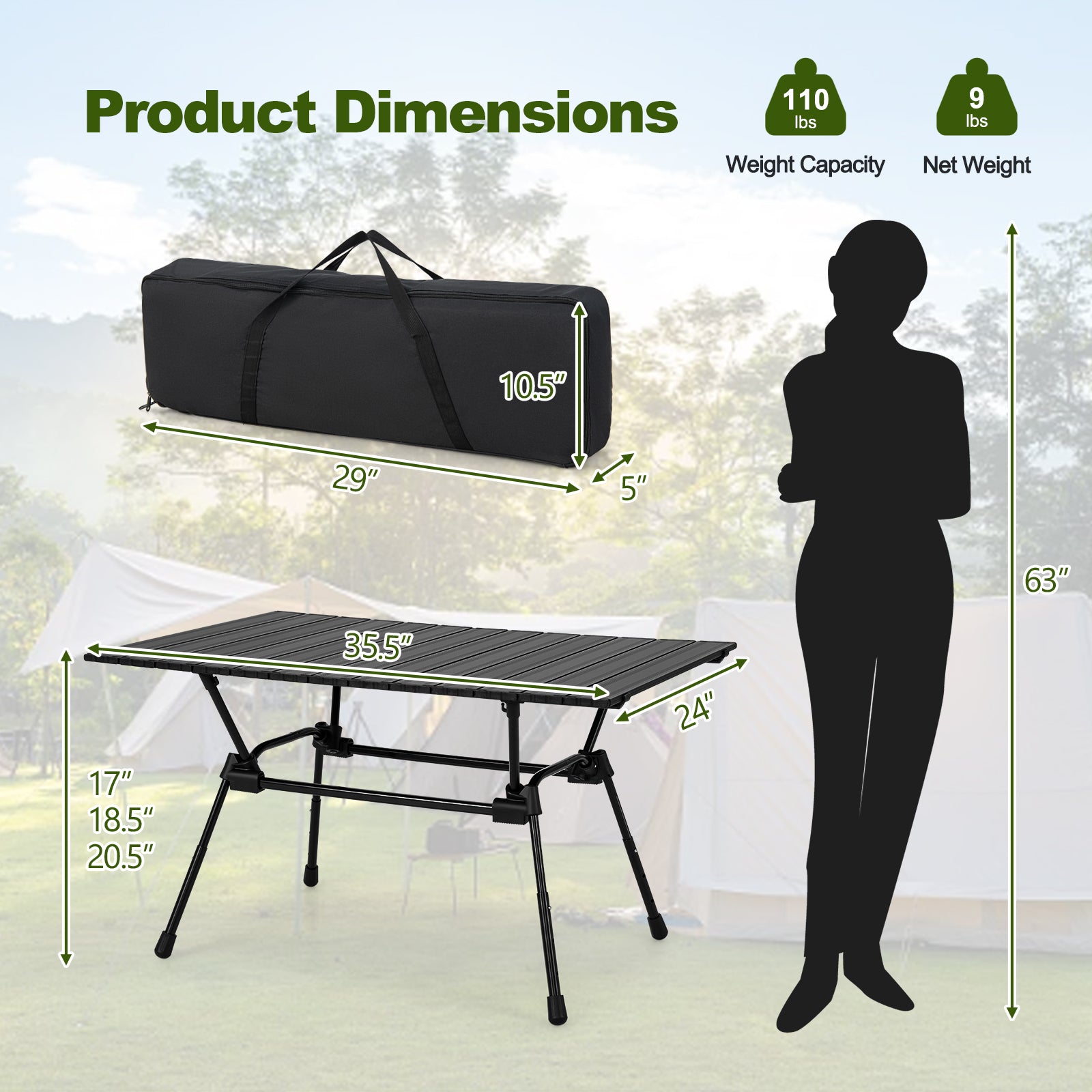 Heavy-Duty Aluminum Camping Table Folding Outdoor Picnic Table-Black