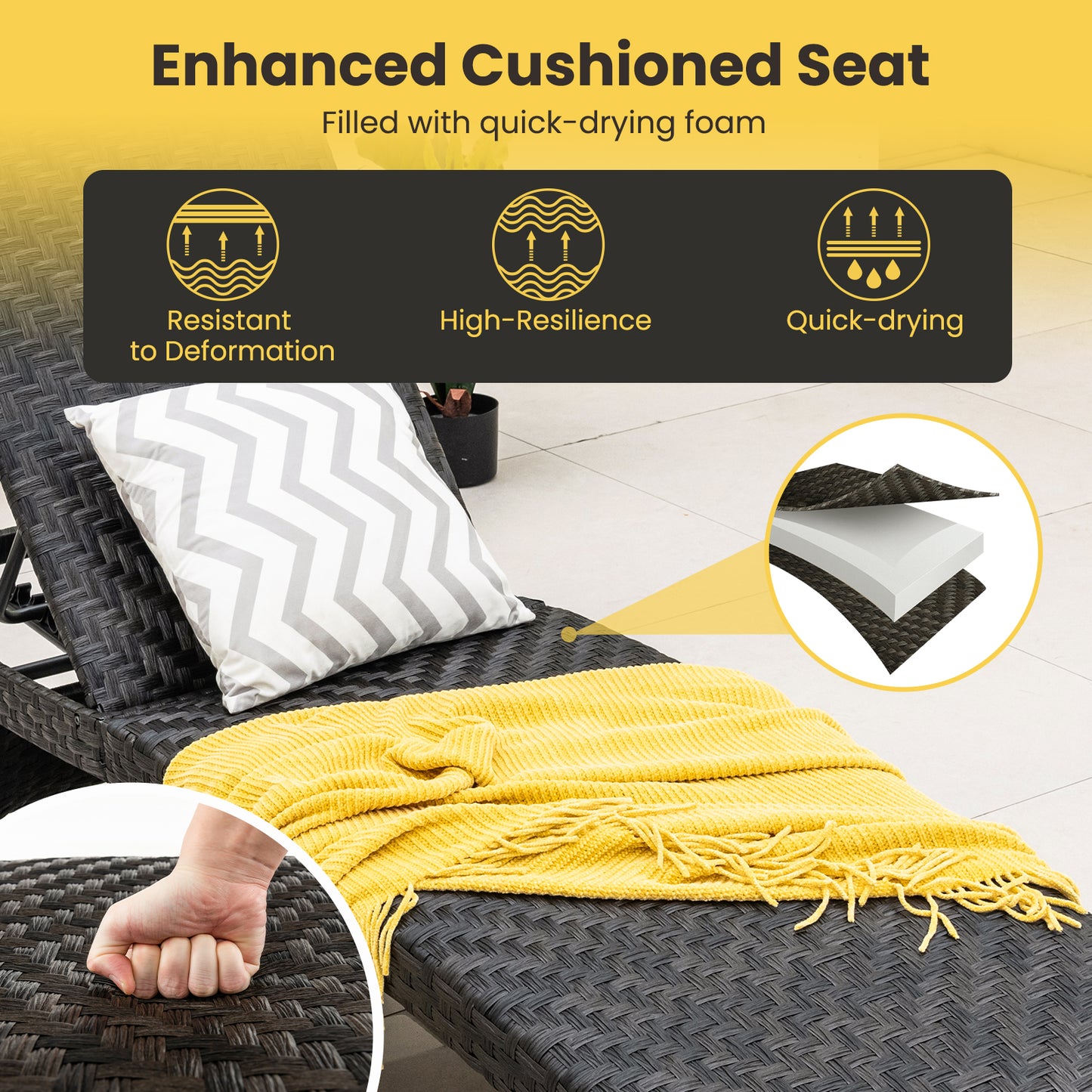 Folding Rattan Patio Chaise Lounge with 5-Level Adjustable Backrest