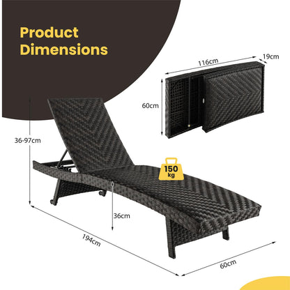 Folding Rattan Patio Chaise Lounge with 5-Level Adjustable Backrest