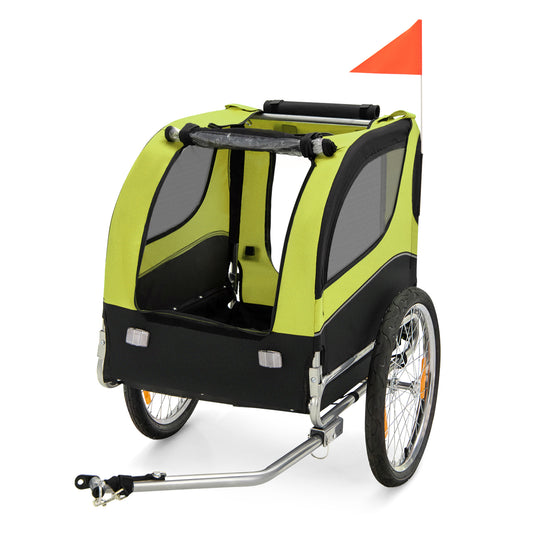 Folding Pet Bike Trailer with 3 Zippered Doors and 8 Reflectors-Green