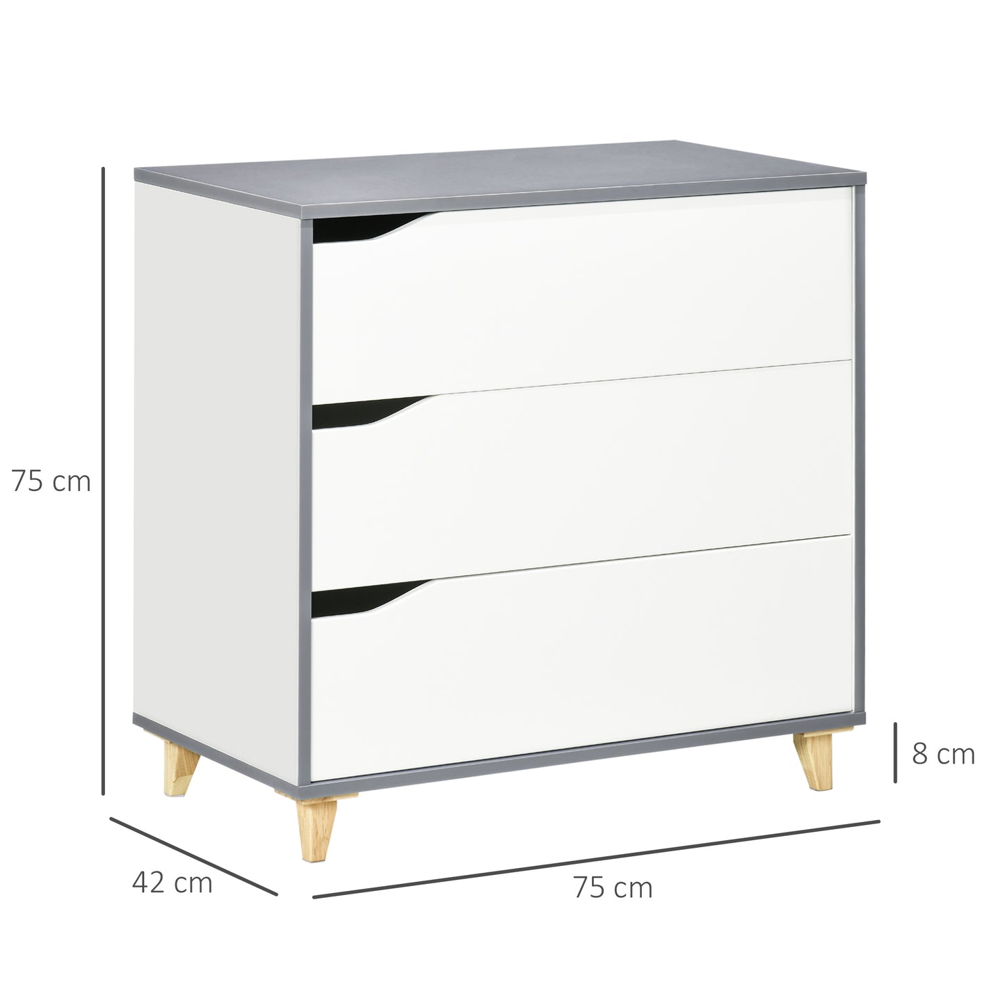 HOMCOM Drawer Chest, 3-Drawer Storage Cabinet Unit with Pine Wood Legs for Bedroom, Living Room, 75cmx42cmx75cm, White