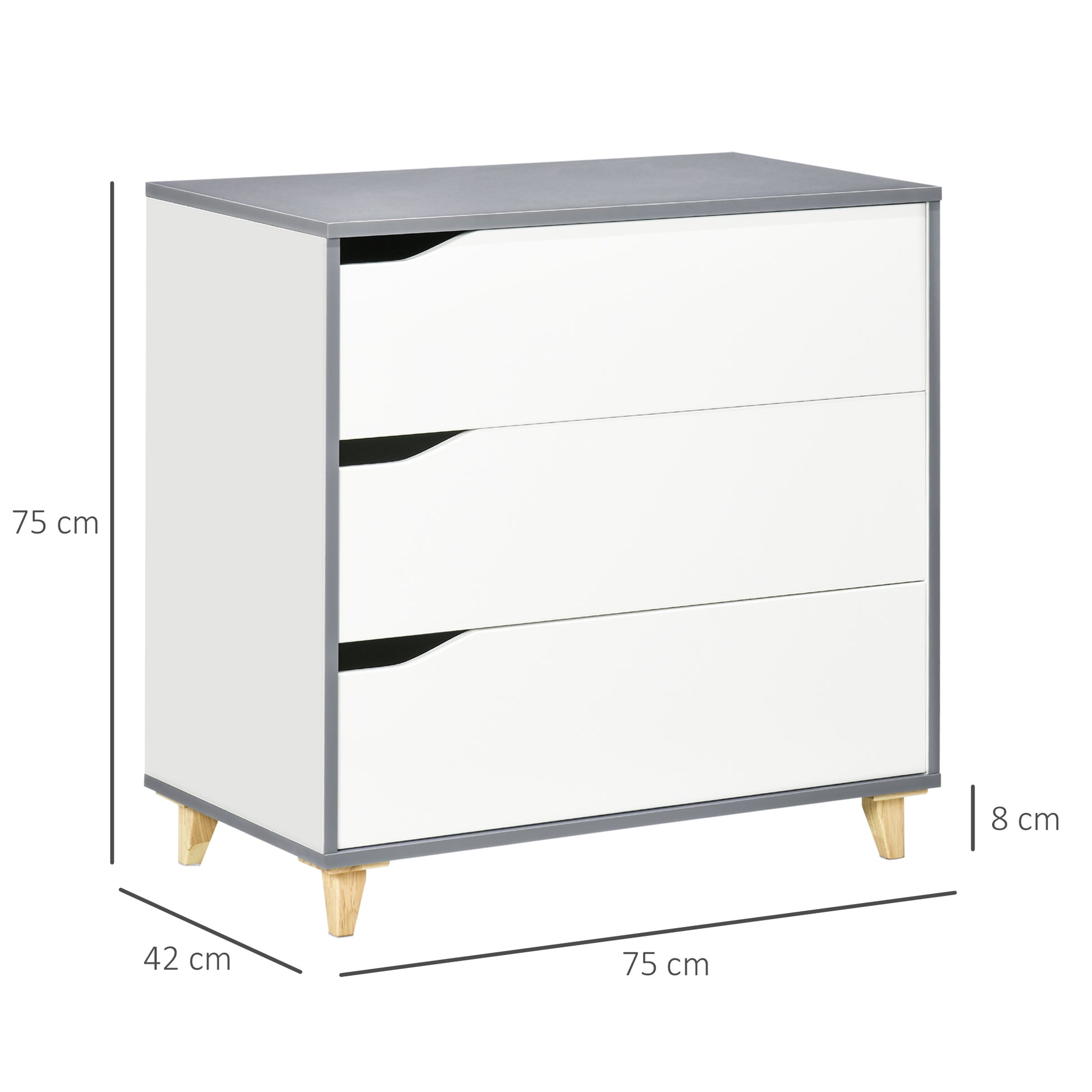 HOMCOM Drawer Chest, 3-Drawer Storage Cabinet Unit with Pine Wood Legs for Bedroom, Living Room, 75cmx42cmx75cm, White