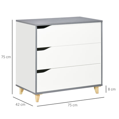 HOMCOM Drawer Chest, 3-Drawer Storage Cabinet Unit with Pine Wood Legs for Bedroom, Living Room, 75cmx42cmx75cm, White