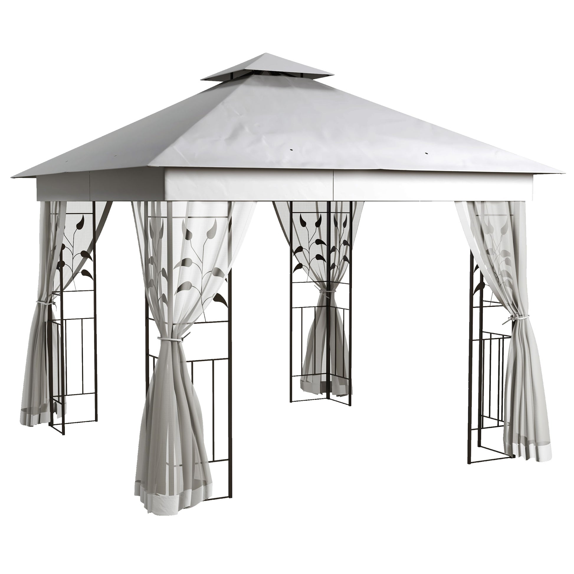 Outsunny 3(m) x 3(m)  Double Roof Outdoor Garden Gazebo Canopy Shelter with Netting, Solid Steel Frame, Light Grey