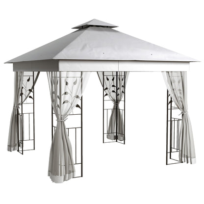 Outsunny 3(m) x 3(m)  Double Roof Outdoor Garden Gazebo Canopy Shelter with Netting, Solid Steel Frame, Light Grey