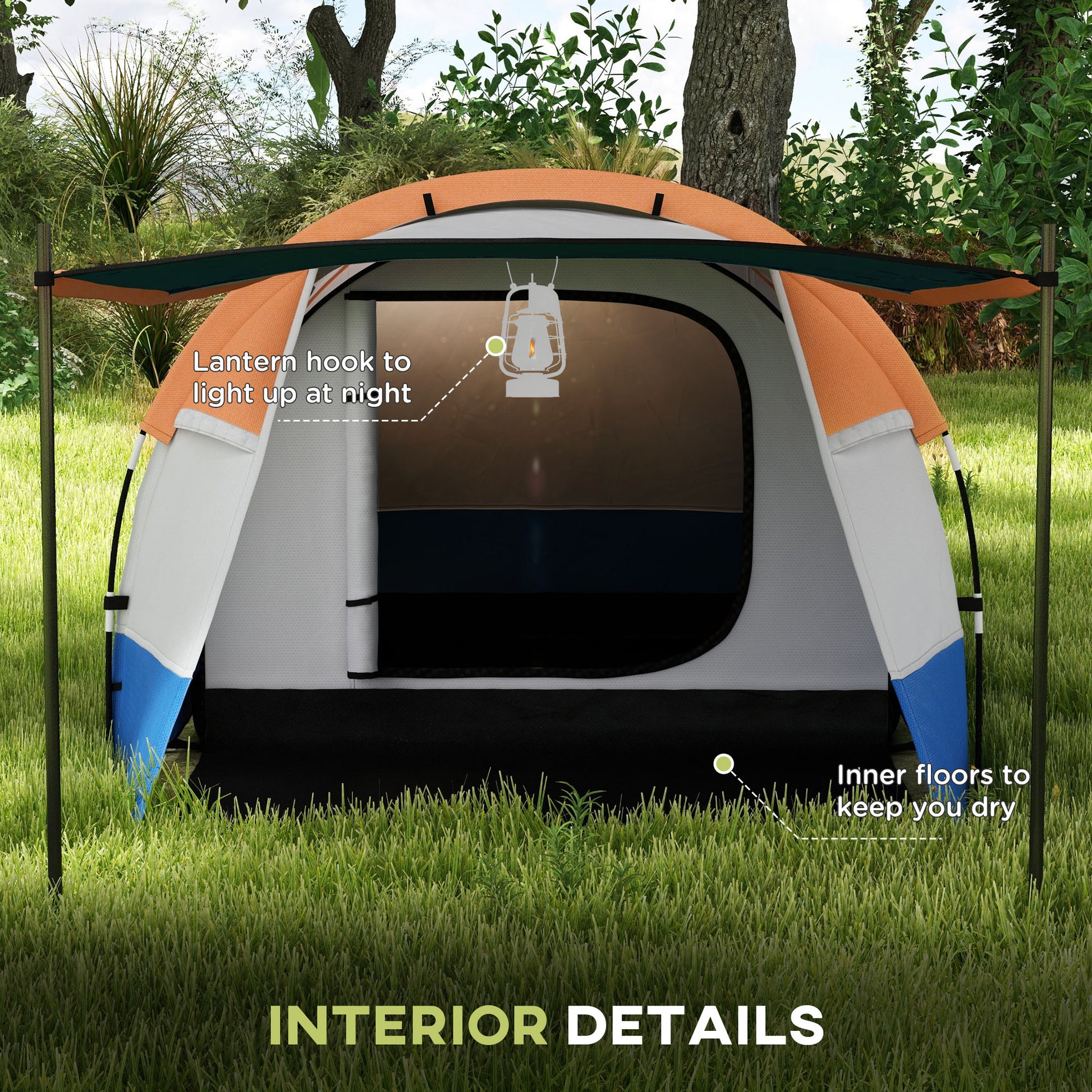 Outsunny Camping Tent, Large Tunnel Tent with Bedroom and Living Area, 2000mm Waterproof, Portable with Bag for 2-3 Man, Orange