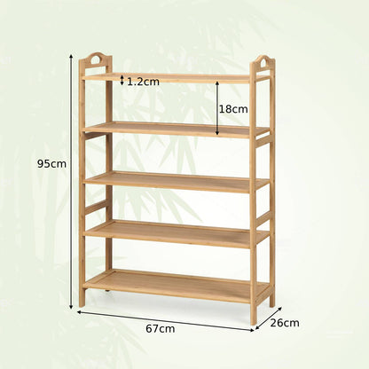 5-Tier Free Standing Bamboo Shoe Rack with Two Rounded Handles-Natural