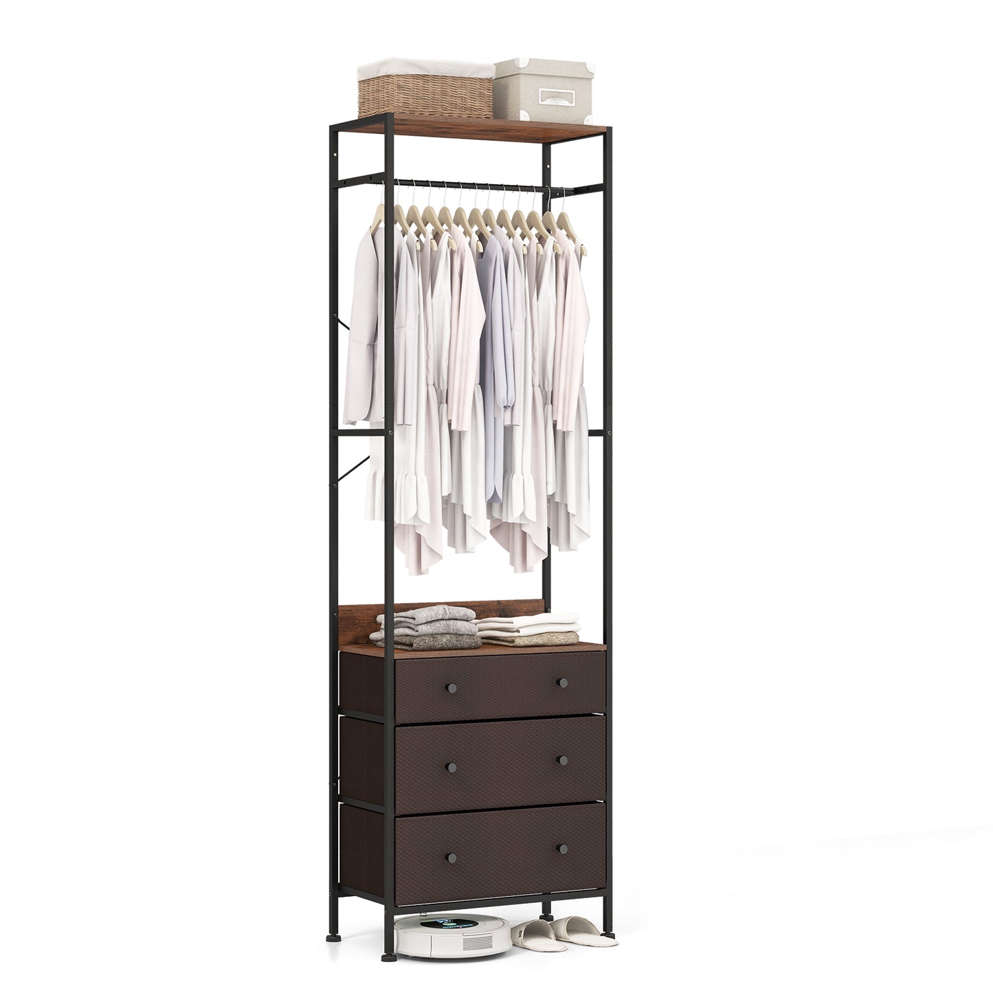 Freestanding Closet Organizer Clothes Rack with Drawers-Rustic Brown