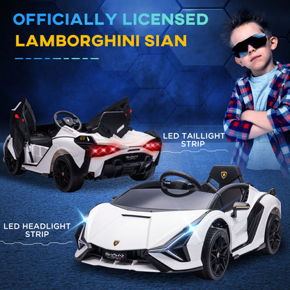 HOMCOM Compatible 12V Battery-powered Kids Electric Ride On Car Lamborghini SIAN Toy with Parental Remote Control Lights MP3 for 3-5 Years Old White
