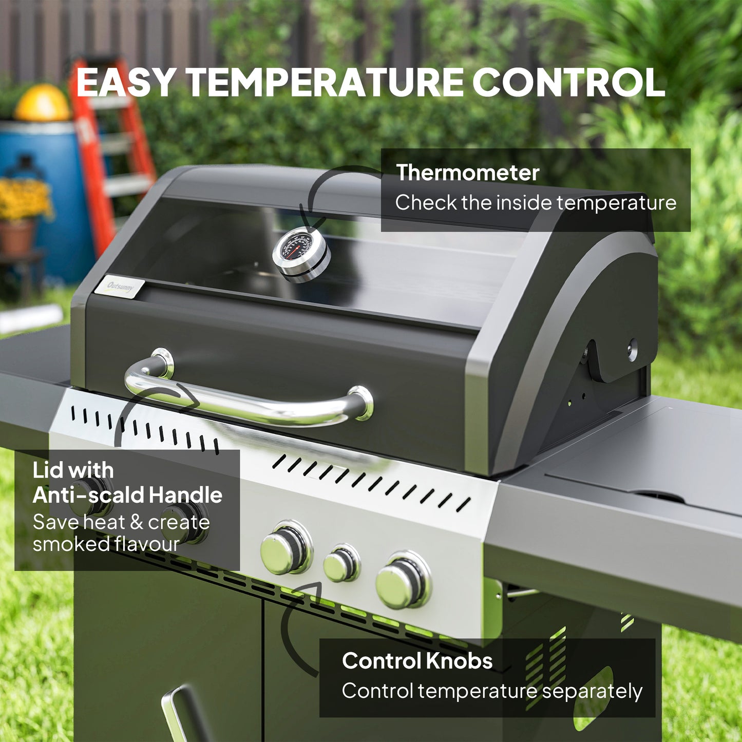 Outsunny 4+1 Burner Gas BBQ Grill with Clear View Lid, Portable Gas Barbecue Grill with Built-in Thermometer, Side Table, Cabinet, Wheels, Grease Tray for Garden Party Outdoor Cooking, Black