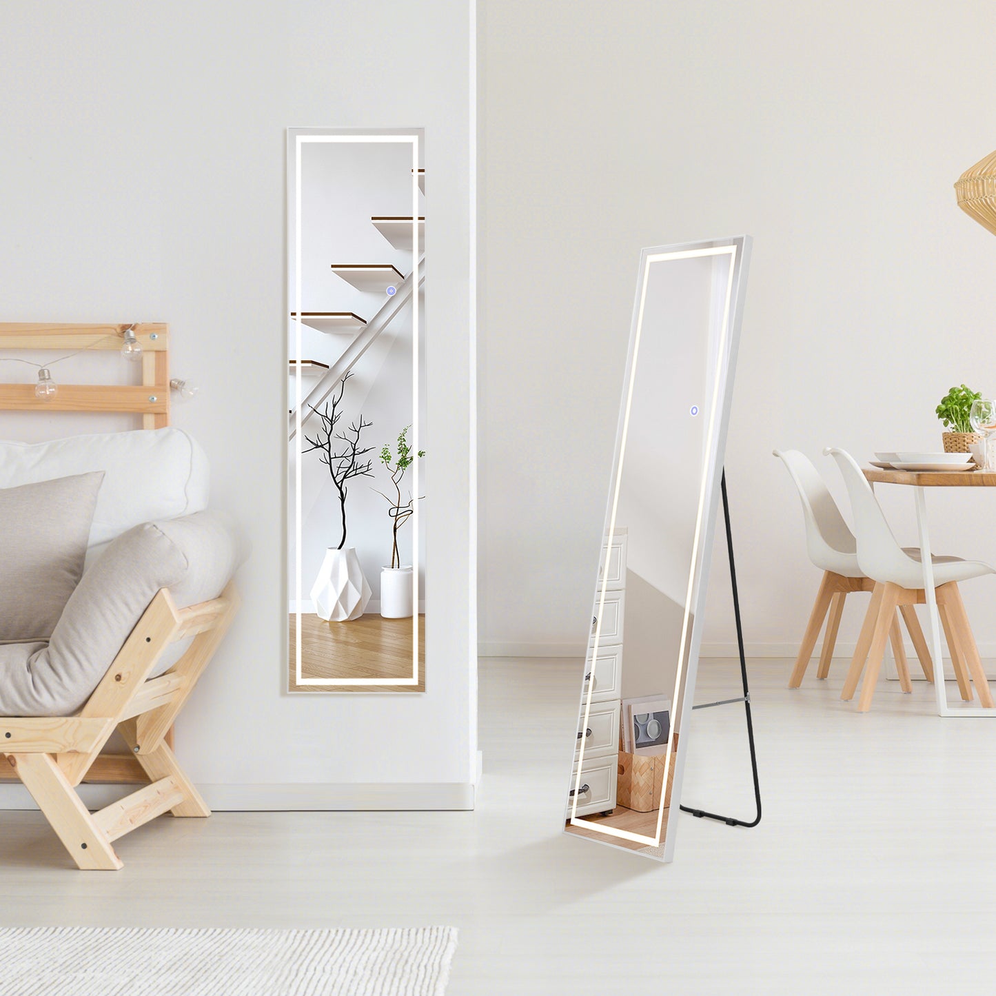 LED Lighted Full Length Mirror with Dimming and 3 Color Lighting-White