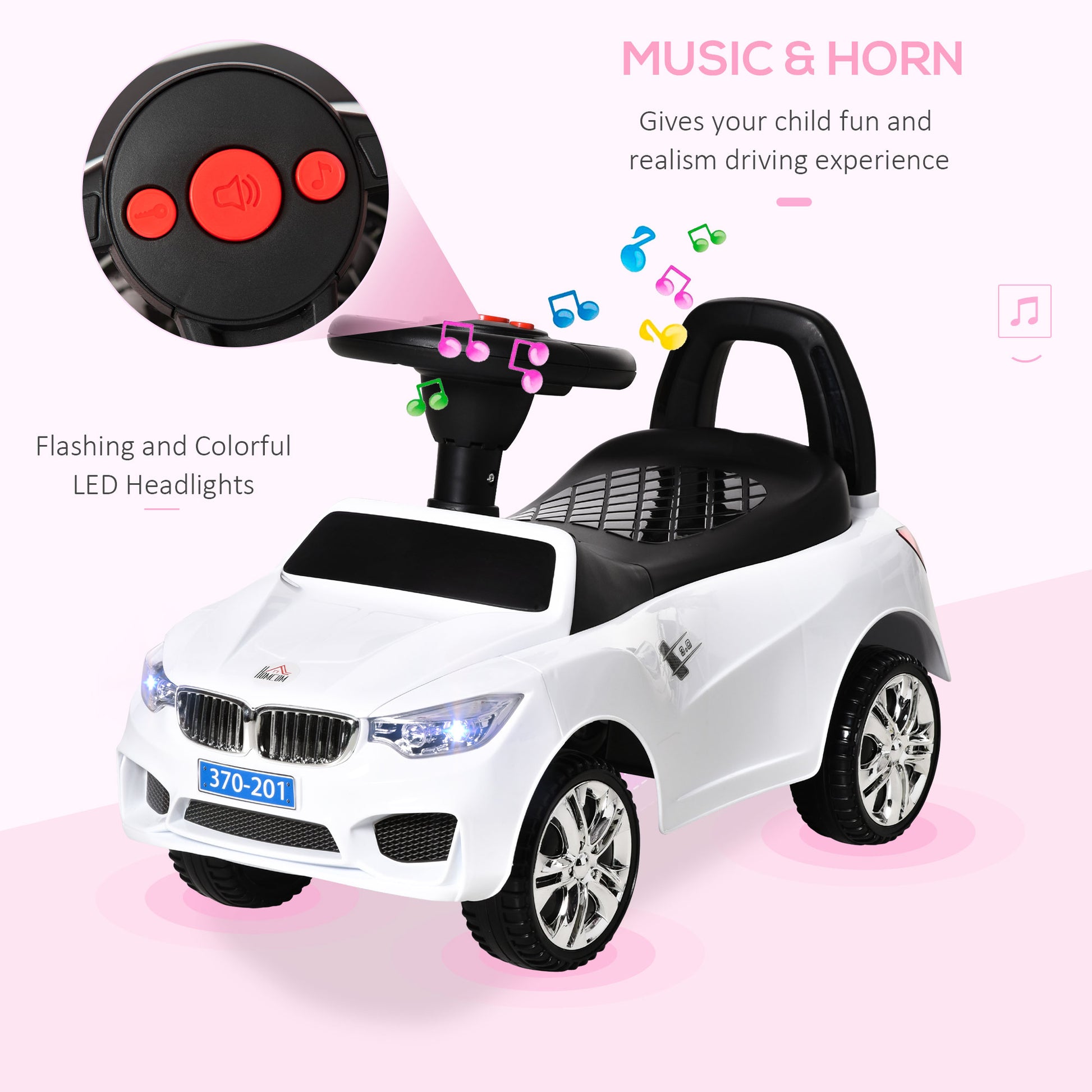HOMCOM Ride on Sliding Car Baby Toddler Walker Foot to Floor Slider Stroller w/ Horn Music Working Lights Hidden Storage Big Steering Wheel White