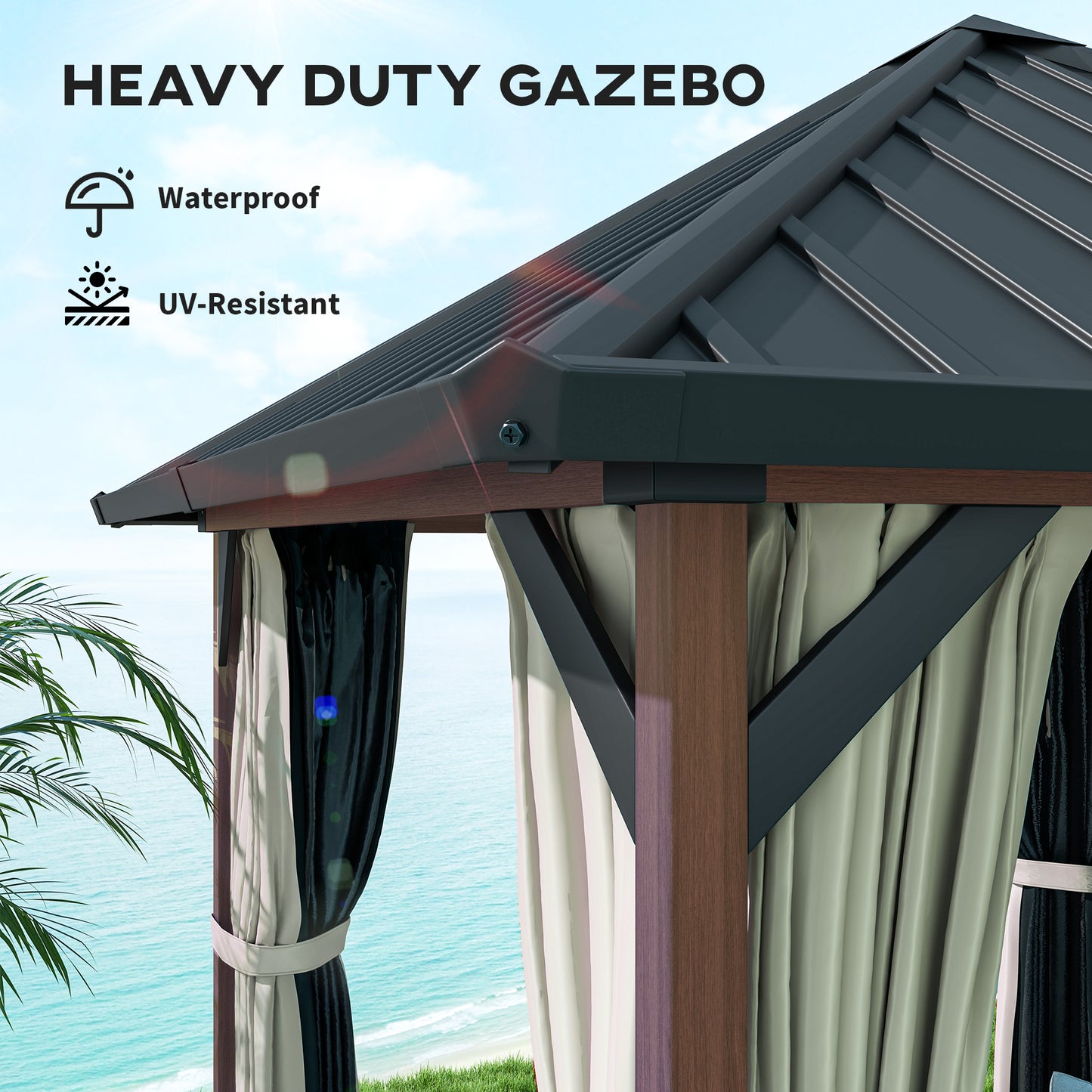 Outsunny 3 x 3(m) Hardtop Gazebo with Galvanised Steel Roof and Water Gutter, Waterproof Permanent Pavilion Garden Gazebo with Netting and Curtains for Patio, Deck, Walnut Wood Finish