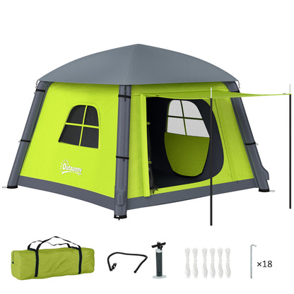 Outsunny Inflatable Camping Tent w/ Hand Pump, Easy Setup 1/2 Person Blow Up Tent Waterproof 190T Taffeta w/ Mesh Windows, Doors and Carry Bag, Green
