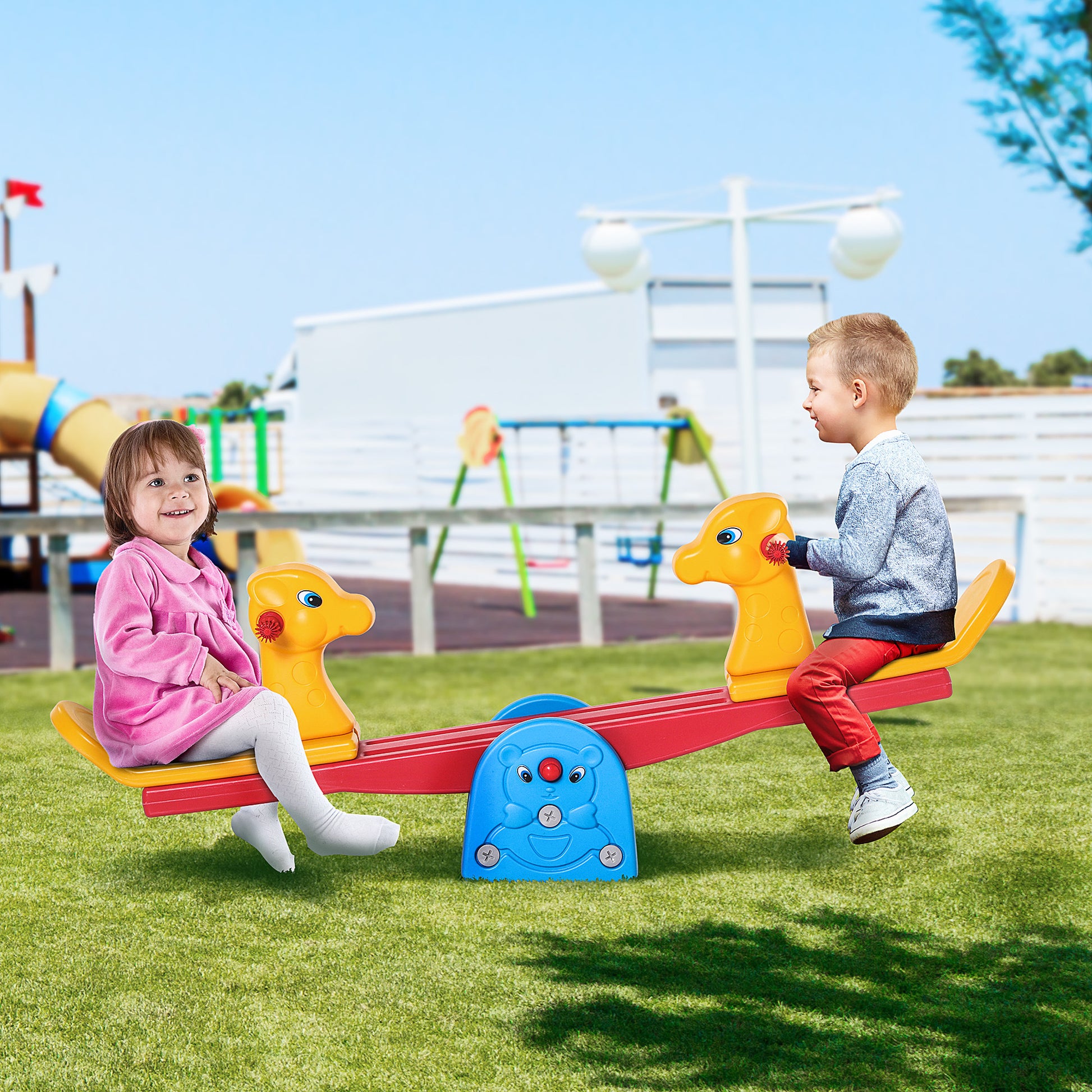 HOMCOM Kids Seesaw Safe Teeter Totter 2 Seats with Easy-Grip Handles, 360 Degrees Rotating Safe, Backyard Equipment, for 1-4 years old Multicolor