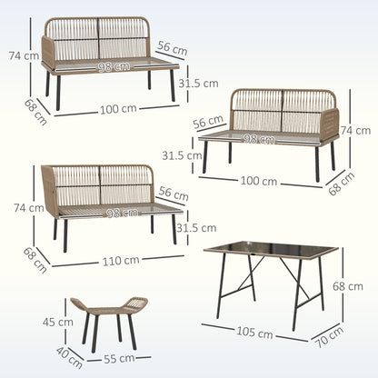 Outsunny 6 Piece Rattan Garden Furniture Set, 8 Seater Garden Corner Sofa with Cushions and Glass Top Table, Sectional Outdoor Furniture Conservatory Set for Patio, Cream White
