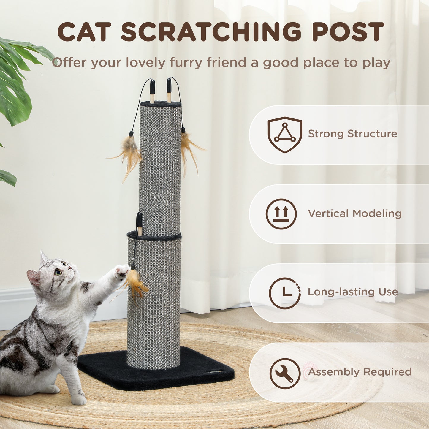 PawHut 78cm 2-in-1 Cat Scratching Post with 3 Toy Feathers, Black