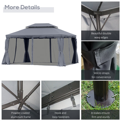 Outsunny 3 x 4m Aluminium Garden Gazebo, Marquee Canopy Shelter Pavilion Party Tent with Nets and Curtains for Garden and Deck, Dark Grey