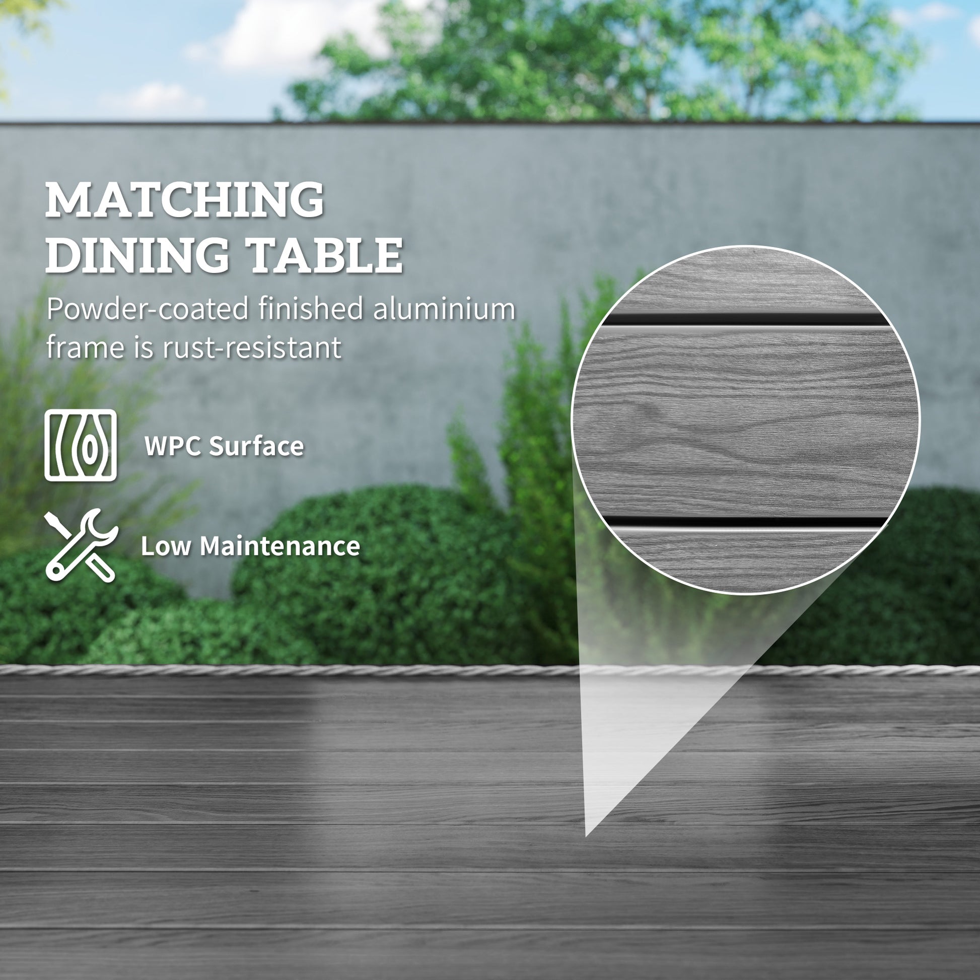 Outsunny Rattan Dining Set with Seat and Back Cushions, 6 Seater Garden Furniture Set with Aluminium Frame, 6 Chairs, WPC Top Rectangle Table, Conservatory Wicker Patio Furniture, Grey