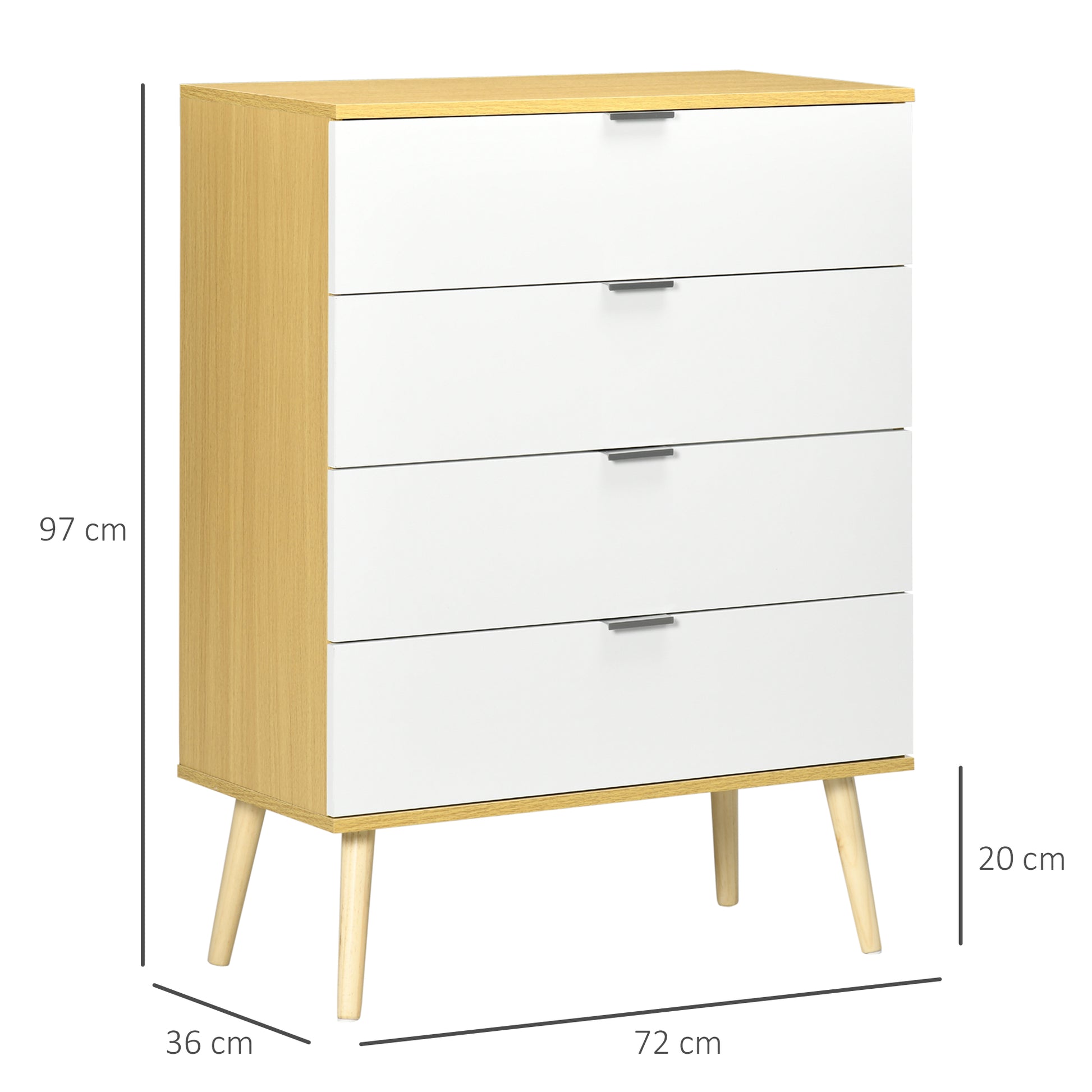 HOMCOM Chest of Drawers, 4-Drawer Storage Organiser Unit with Pine Wood Legs for Bedroom, Living Room, White and Natural