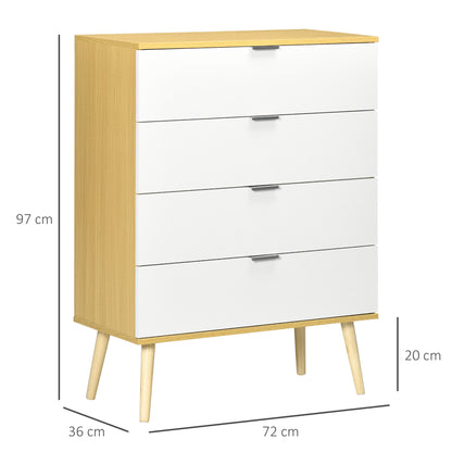 HOMCOM Chest of Drawers, 4-Drawer Storage Organiser Unit with Pine Wood Legs for Bedroom, Living Room, White and Natural