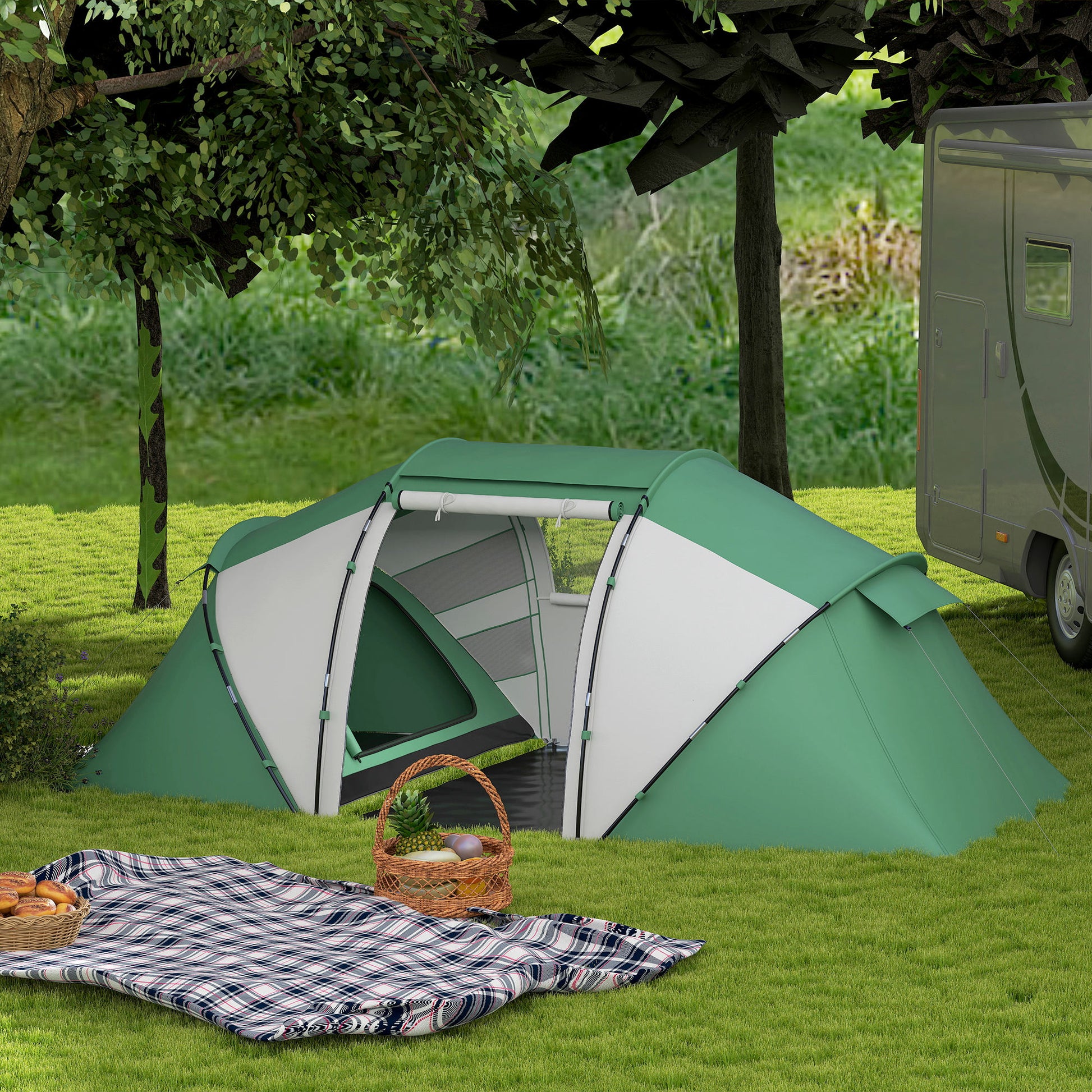 Outsunny 4-6 Man UV Protection Camping Tent - Green and White