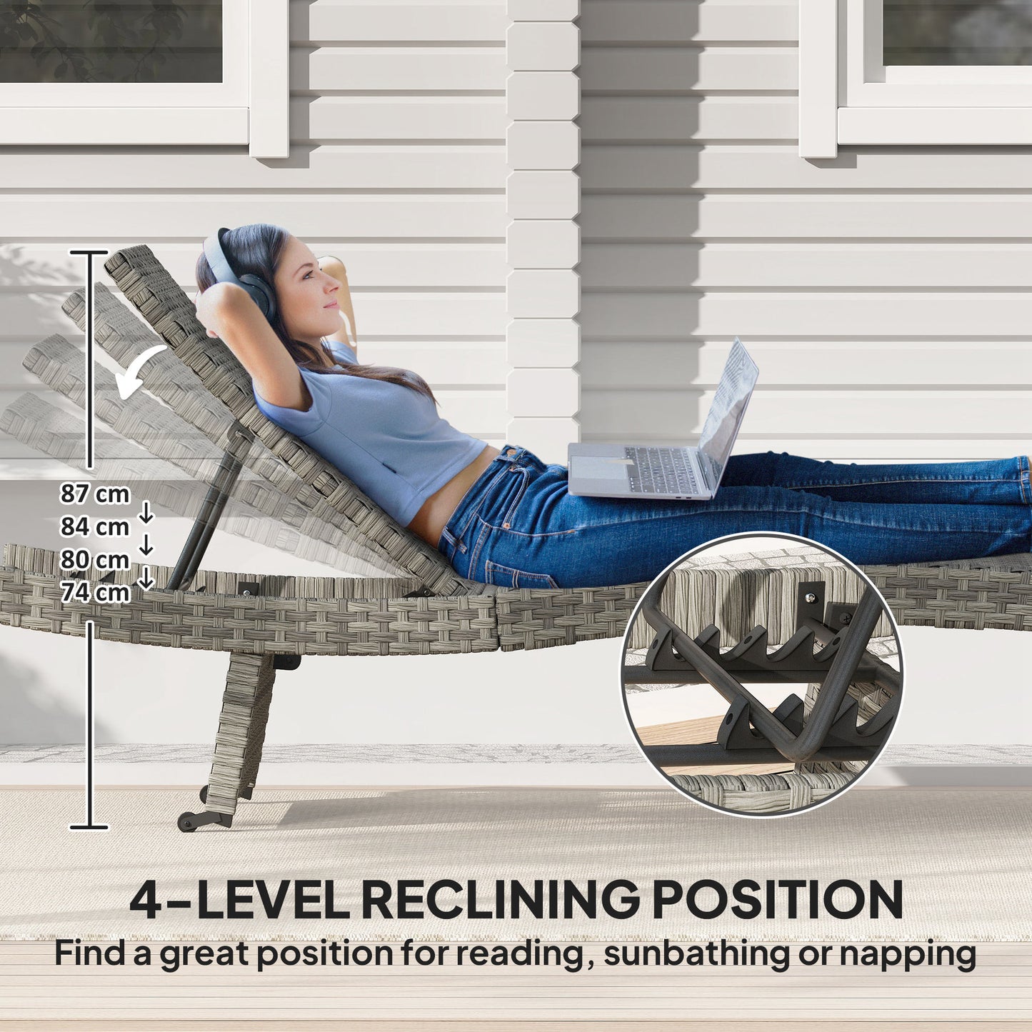 Outsunny Outdoor PE Rattan Sun Lounger, Folding Wicker Garden Lounger Recliner with 4-Level Adjustable Backrest, Rolling Sunbed Lounge Chair with Wheels, Non-Slip Legs for Balcony, Beach, Mixed-grey