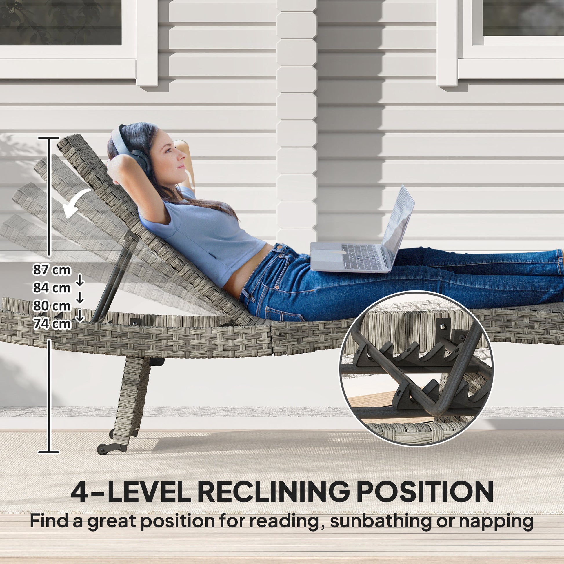 Outsunny Outdoor PE Rattan Sun Lounger, Folding Wicker Garden Lounger Recliner with 4-Level Adjustable Backrest, Rolling Sunbed Lounge Chair with Wheels, Non-Slip Legs for Balcony, Beach, Mixed-grey