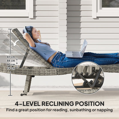 Outsunny Outdoor PE Rattan Sun Lounger, Folding Wicker Garden Lounger Recliner with 4-Level Adjustable Backrest, Rolling Sunbed Lounge Chair with Wheels, Non-Slip Legs for Balcony, Beach, Mixed-grey