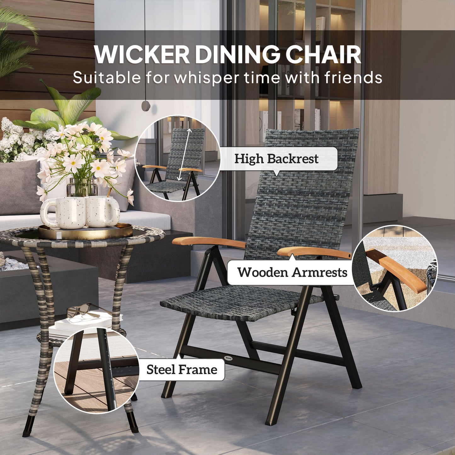 Outsunny Outdoor Folding Rattan Chair with Armrests, High Backrest, for Garden, Camping, Balcony, Porch - Mixed-grey