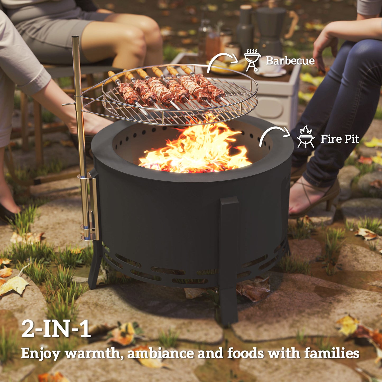 Outsunny Portable Fire Pit, 58 cm Round Firepit with Grill Grate, Fire Bowl with Ash Catcher and Poker, Fire Pit BBQ for Garden Camping Bonfire Picnic, Black