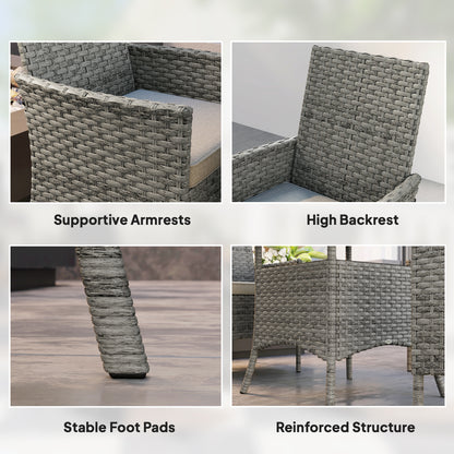 Outsunny Rattan Garden Furniture Set, Outdoor Dining Table and Chairs 4 Seater with Cushions, Square Tempered Glass Top, 4 Armchairs, for Balcony, Terrace, Conservatory, Grey
