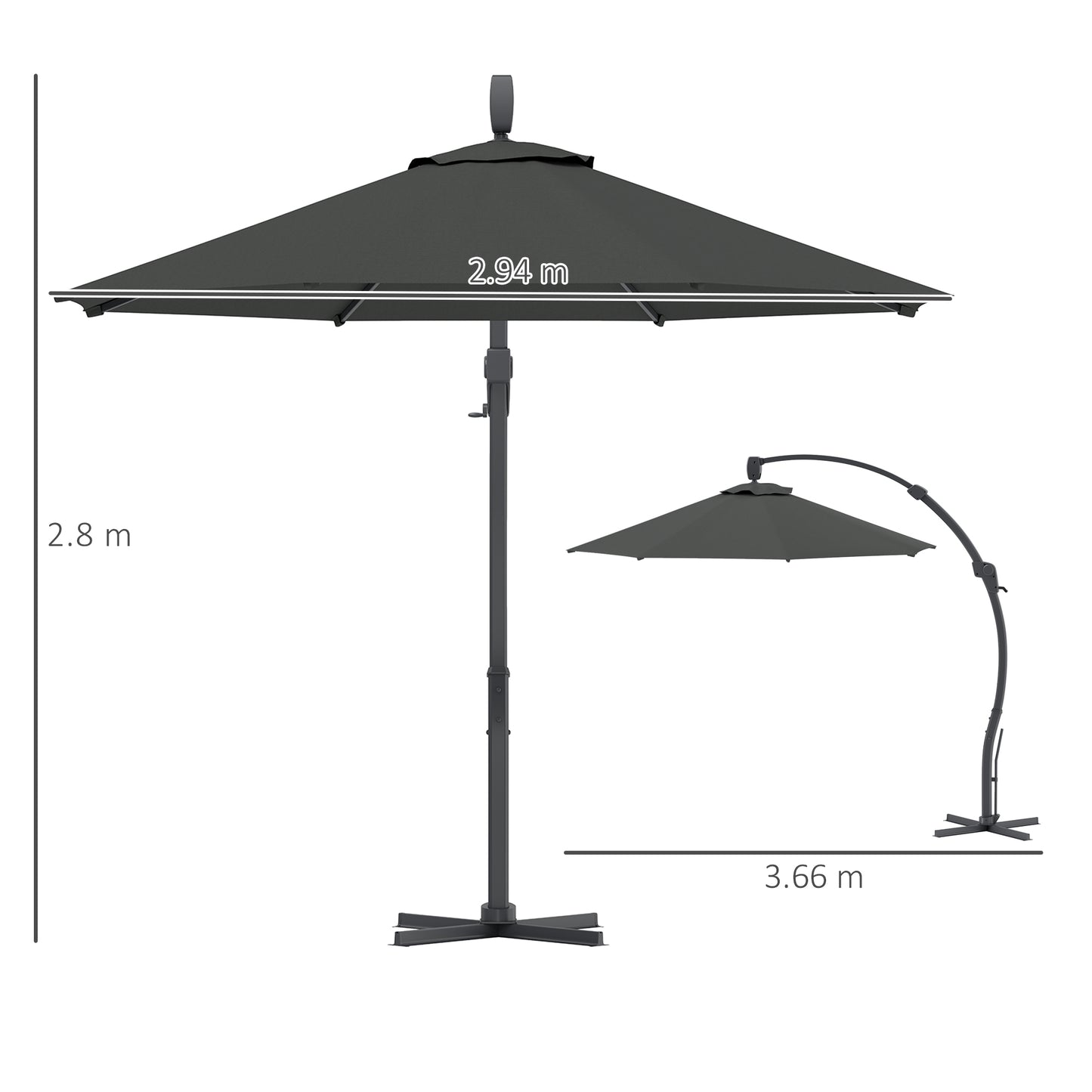 Outsunny 3(m) Garden Cantilever Parasol, Round Overhanging Umbrella with Crank Handle, Cross Base, Aluminium Frame and 360° Rotation, Banana Patio Umbrella for Outdoor Sun Shade, Grey