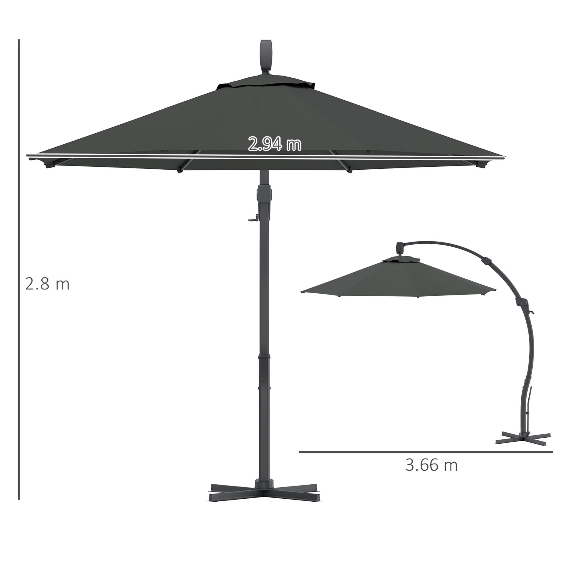Outsunny 3(m) Garden Cantilever Parasol, Round Overhanging Umbrella with Crank Handle, Cross Base, Aluminium Frame and 360° Rotation, Banana Patio Umbrella for Outdoor Sun Shade, Grey