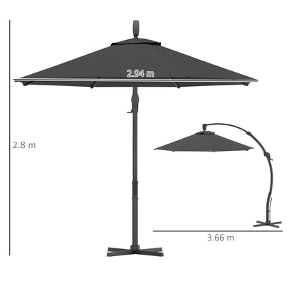Outsunny 3(m) Garden Cantilever Parasol, Round Overhanging Umbrella with Crank Handle, Cross Base, Aluminium Frame and 360° Rotation, Banana Patio Umbrella for Outdoor Sun Shade, Grey
