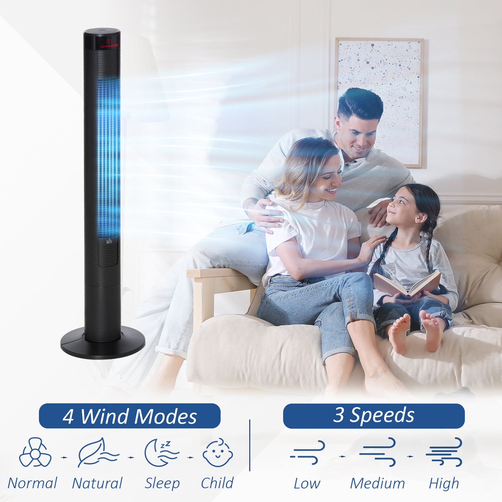 HOMCOM 46" Tower Fan w/ Remote Control, 12H Timer, 3 Speed, 4 Modes, Quiet Cooling Fans, Electric Floor Standing Fan for Home Bedroom Office, Black